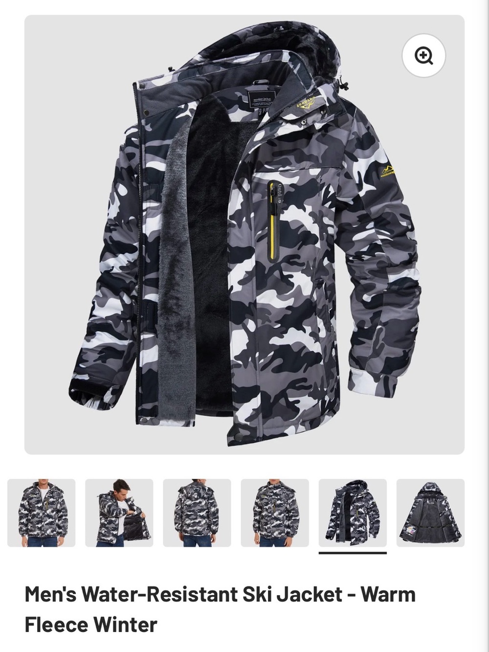 Men's Water-Resistant Ski Jacket in Gray Camo - Warm Fleece Winter